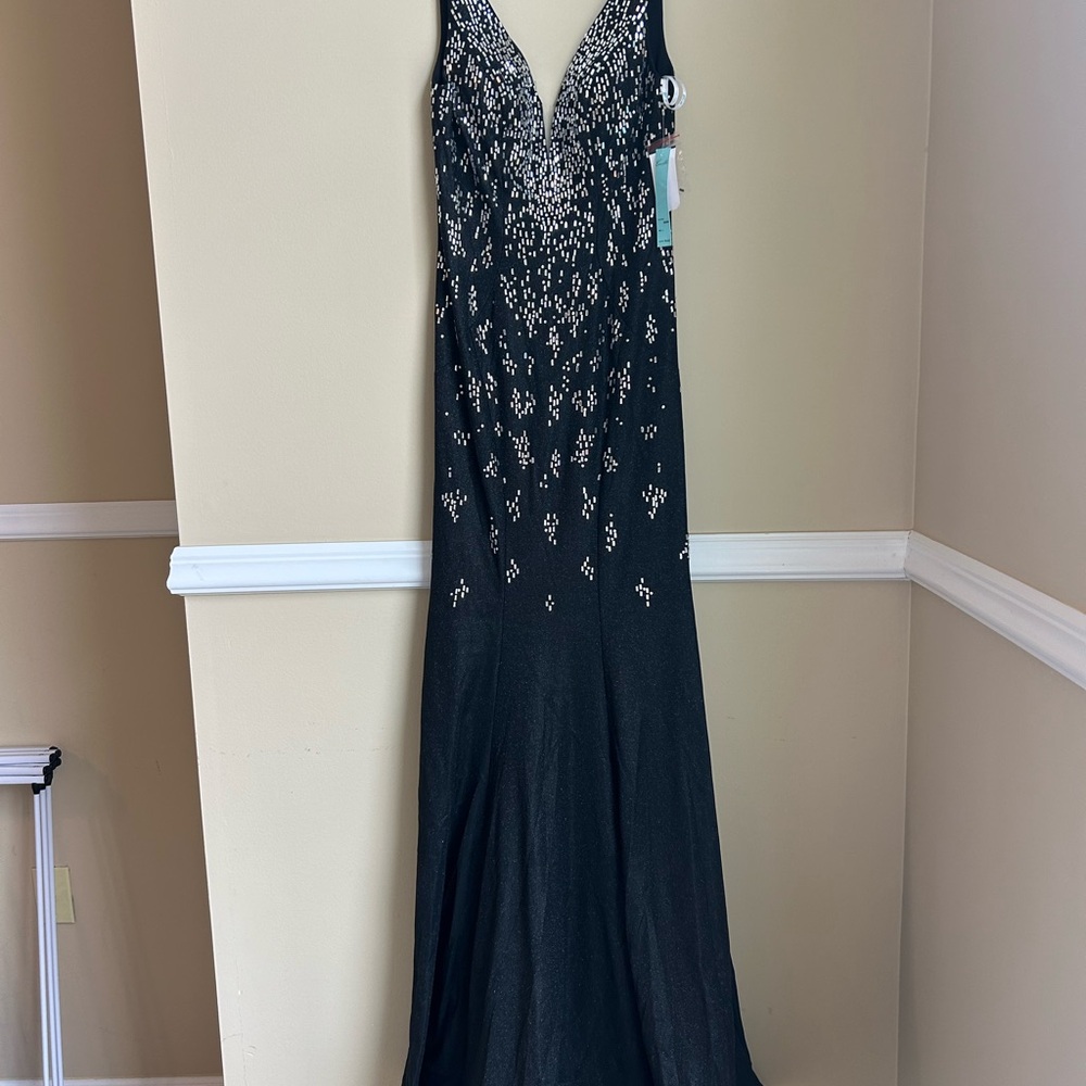 Camille La Vie Black Evening Gown with Silver Beaded Accents